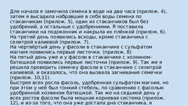 4.  Практическая часть.    Для начала я замочила семена в воде на два часа (прилож. 4), затем я высадила набравшие в себя воды семена по стаканчикам (прилож. 5), один из стаканчиков был без удобрений, а остальные с удобрениями. Я поставила стаканчики на подоконник и накрыла их плёнкой (прилож. 6).  На третий день появились всходы, кроме стаканчика с селитрой калиевой (прилож. 7).  На чертвёртый день у фасоли в стаканчике с сульфатом магния появились первые листочки. (прилож. 8)  На пятый день уже и у фасоли в стаканчике с хозяином-батюшкой появились первые листочки (прилож. 9). Так же я решила проверить семечку фасоли в стаканчике с селитрой калиевой, и оказалось, что она вызвала загнивание семечки (прилож. 10,11).  Быстрее всех росла фасоль, удобренная сульфатом магния, но при этом у неё был тонкий стебель, по сравнению с фасолью удобренной хозяином батюшкой. Так же на седьмой день у всех ростов фасоли была мощная корневая система (прилож. 12), и из-за того, что она уже достала дна стаканчика, я решила пересадить их в стаканчики по больше.   