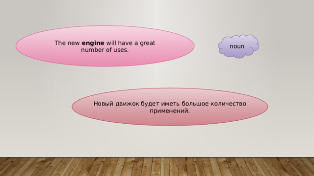 The new engine will have a great number of uses. noun Новый движок будет иметь большое количество применений. 
