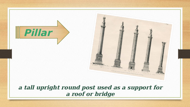  Pillar a tall upright round post used as a support for a roof or bridge 