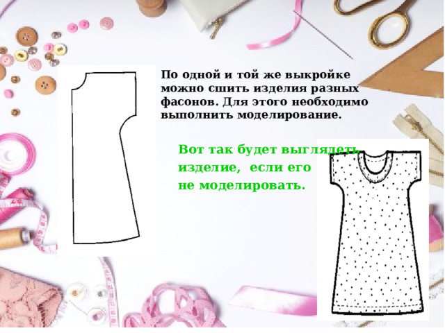 По одной и той же выкройке можно сшить изделия разных фасонов. Для этого необходимо выполнить моделирование. Вот так будет выглядеть изделие, если его не моделировать. 