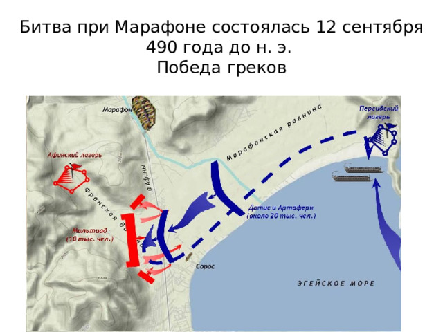 Битва при Марафоне состоялась 12 сентября 490 года до н. э.  Победа греков 