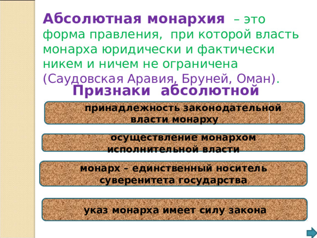 Абсолютная монархия  – это форма правления, при которой власть монарха юридически и фактически никем и ничем не ограничена (Саудовская Аравия, Бруней, Оман) .  Признаки абсолютной монархии  принадлежность законодательной власти монарху  осуществление монархом исполнительной власти монарх – единственный носитель суверенитета государства  указ монарха имеет силу закона 