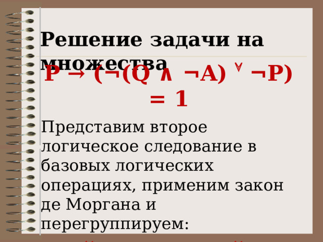 Решение задачи на множества P → ( ¬ (Q ∧ ¬ A)   ¬ P) = 1 Представим второе логическое следование в базовых логических операциях, применим закон де Моргана и перегруппируем: ¬ P  ( ¬ (Q ∧ ¬ A)   ¬ P) = 1 ¬ P  ¬ Q  A   ¬ P = 1 