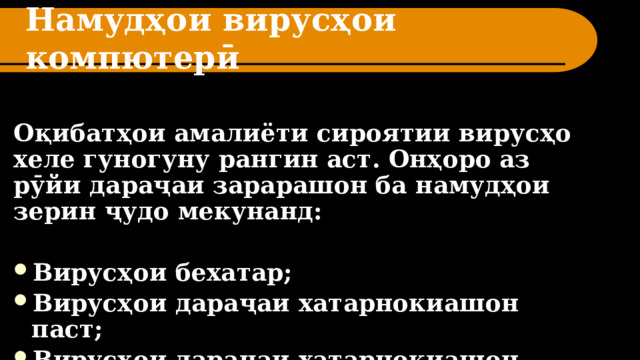 Намудҳои вирусҳои компютерӣ Оқибатҳои амалиёти сироятии вирусҳо хеле гуногуну рангин аст. Онҳоро аз рӯйи дараҷаи зарарашон ба намудҳои зерин ҷудо мекунанд:  Вирусҳои бехатар; Вирусҳои дараҷаи хатарнокиашон паст; Вирусҳои дараҷаи хатарнокиашон миёна; Вирусҳои дараҷаи хатарнокиашон баланд; 