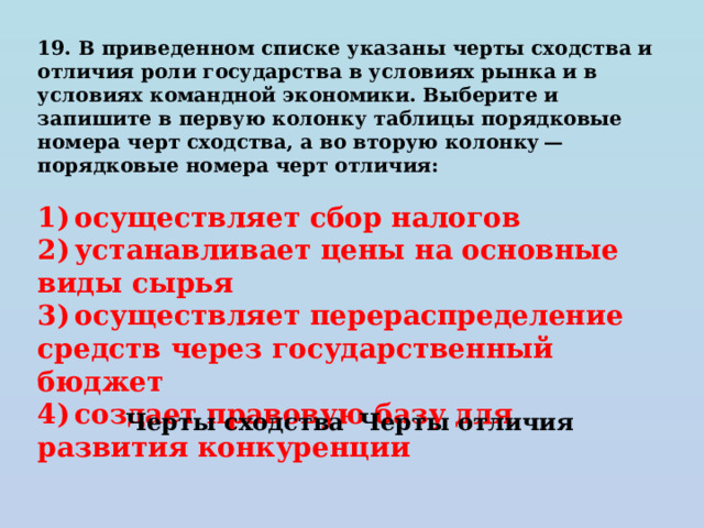 19. В приведенном списке указаны черты сходства и отличия роли государства в условиях рынка и в условиях командной экономики. Выберите и запишите в первую колонку таблицы порядковые номера черт сходства, а во вторую колонку — порядковые номера черт отличия:   1) осуществляет сбор налогов 2) устанавливает цены на основные виды сырья 3) осуществляет перераспределение средств через государственный бюджет 4) создает правовую базу для развития конкуренции Черты сходства Черты отличия 