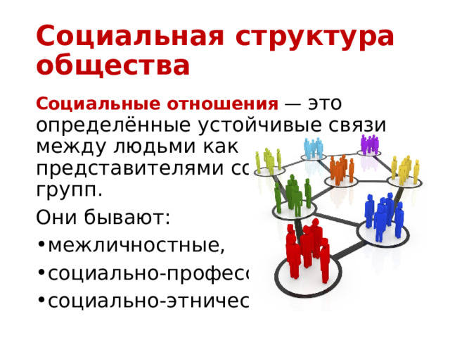 Социальная структура общества Социальные отношения  — это определённые устойчивые связи между людьми как представителями социальных групп. Они бывают: межличностные, социально-профессиональные, социально-этнические. 