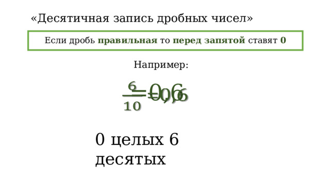 «Десятичная запись дробных чисел» Если дробь правильная то перед запятой ставят 0 Например:  =0,6   0 целых 6 десятых 