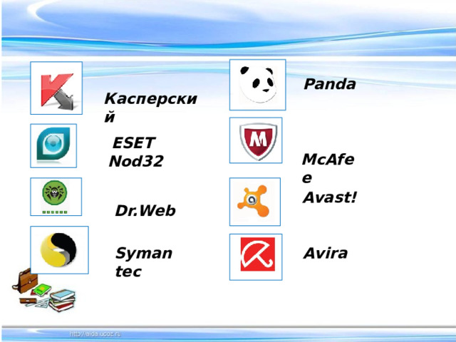  Panda  Касперский  McAfee  ESET Nod32  Dr.Web Avast! Symantec  Avira 