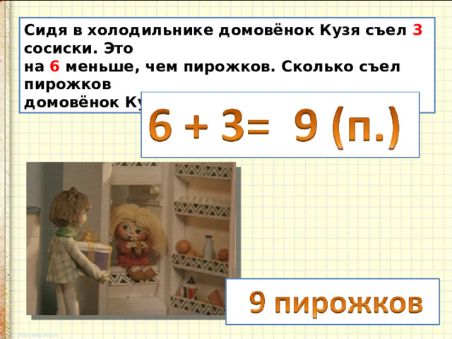 Сидя в холодильнике домовёнок Кузя съел 3 сосиски. Это на 6 меньше, чем пирожков. Сколько съел пирожков домовёнок Кузя? 