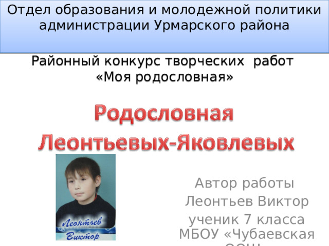    Отдел образования и молодежной политики администрации Урмарского района   Районный конкурс творческих работ  « Моя родословная »   Автор работы Леонтьев Виктор ученик 7 класса МБОУ «Чубаевская ООШ» 