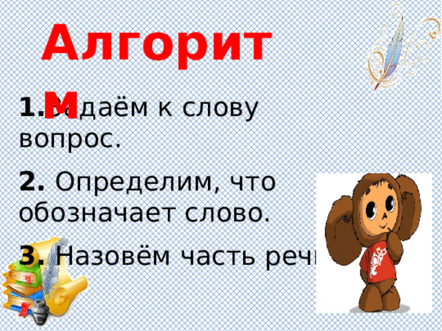 Алгоритм  1. Задаём к слову вопрос.  2. Определим, что обозначает слово.  3. Назовём часть речи. 