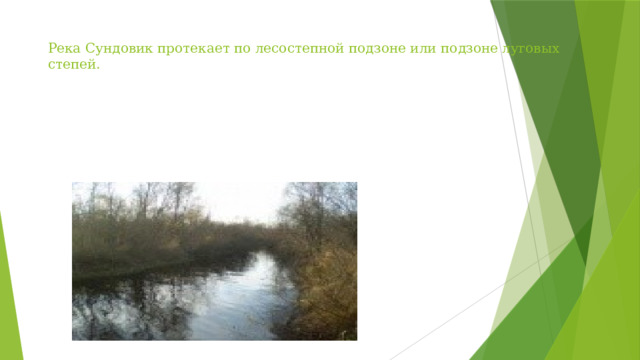 Река Сундовик протекает по лесостепной подзоне или подзоне луговых степей. 