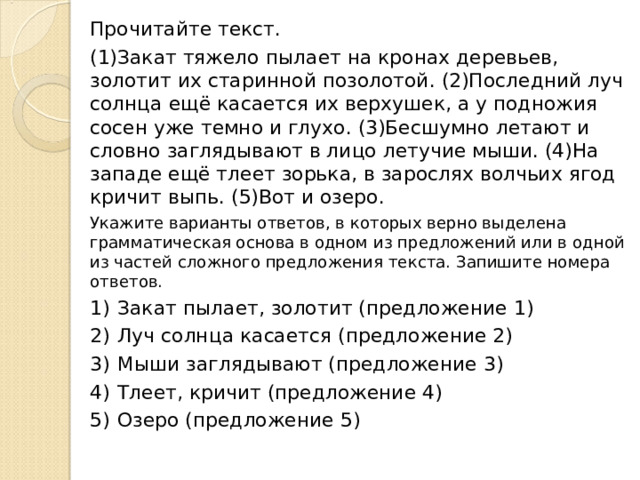 Прочитайте текст. (1)Закат тяжело пылает на кронах деревьев, золотит их старинной позолотой. (2)Последний луч солнца ещё касается их верхушек, а у подножия сосен уже темно и глухо. (3)Бесшумно летают и словно заглядывают в лицо летучие мыши. (4)На западе ещё тлеет зорька, в зарослях волчьих ягод кричит выпь. (5)Вот и озеро. Укажите варианты ответов, в которых верно выделена грамматическая основа в одном из предложений или в одной из частей сложного предложения текста. Запишите номера ответов. 1)  Закат пылает, золотит (предложение 1) 2)  Луч солнца касается (предложение 2) 3)  Мыши заглядывают (предложение 3) 4)  Тлеет, кричит (предложение 4) 5)  Озеро (предложение 5) 