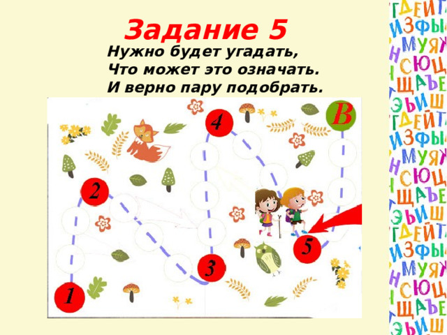 Задание 5 Нужно будет угадать, Что может это означать. И верно пару подобрать. 