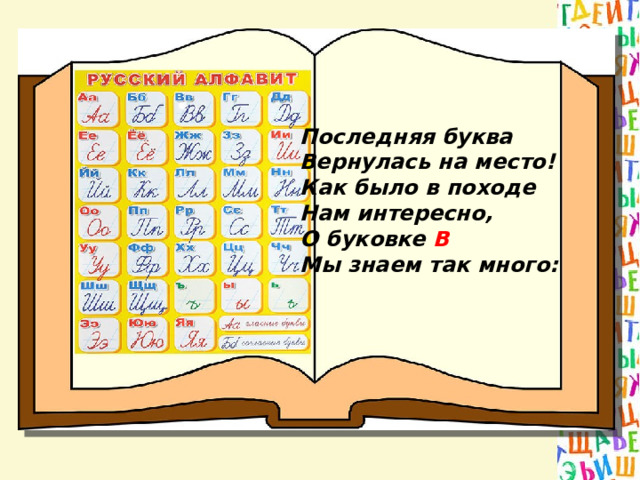 Последняя буква Вернулась на место! Как было в походе Нам интересно, О буковке В  Мы знаем так много: 