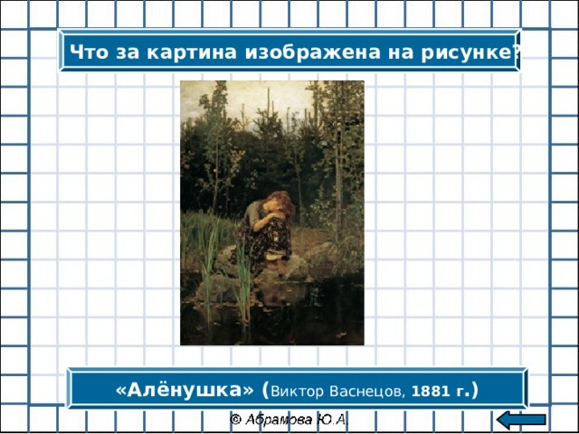 Что за картина изображена на рисунке? «Алёнушка» ( Виктор Васнецов, 1881 г .) 