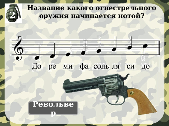 Название какого огнестрельного оружия начинается нотой? 2 РЕВОЛЬВЕР Для визуализации ответа необходимо нажать на ноту «РЕ» Револьвер 23 