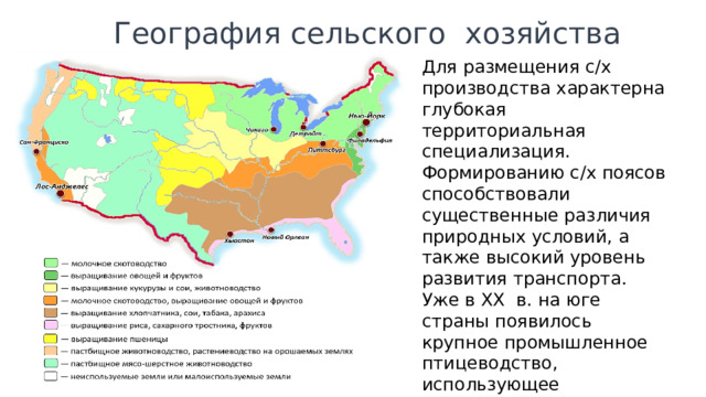 География сельского хозяйства США Для размещения с/х производства характерна глубокая территориальная специализация. Формированию с/х поясов способствовали существенные различия природных условий, а также высокий уровень развития транспорта. Уже в XX в. на юге страны появилось крупное промышленное птицеводство, использующее относительно дешевую рабочую силу, возник новый ареал хлопководства. 