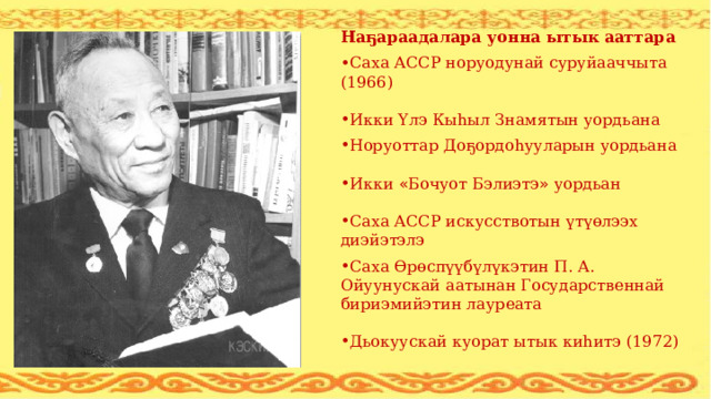 Наҕараадалара уонна ытык ааттара Саха АССР норуодунай суруйааччыта (1966) Икки Үлэ Кыһыл Знамятын уордьана Норуоттар Доҕордоһууларын уордьана Икки « Бочуот Бэлиэтэ » уордьан Саха АССР искусствотын үтүөлээх диэйэтэлэ Саха Өрөспүүбүлүкэтин П. А. Ойуунускай аатынан Государственнай бириэмийэтин лауреата Дьокуускай куорат ытык киһитэ (1972) 