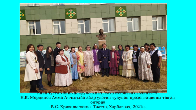 Киэн туттар биир дойдулаахпыт, саха сээркээн сэһэнньитэ Н.Е. Мординов-Амма Аччыгыйа айар үлэтин туһунан презентацияны таҥан оҥордо  В.С. Кривошапкина Таатта, Харбалаах, 2021с. 