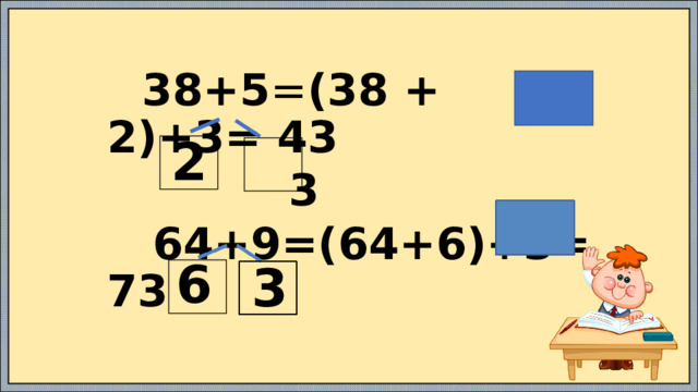  38+5 = (38 + 2)+3= 43  3  64+9=(64+6)+3= 73 2 6 3 