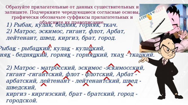 Различение на письме суффиксов прилагательных к и. Суффиксы имен существительных.