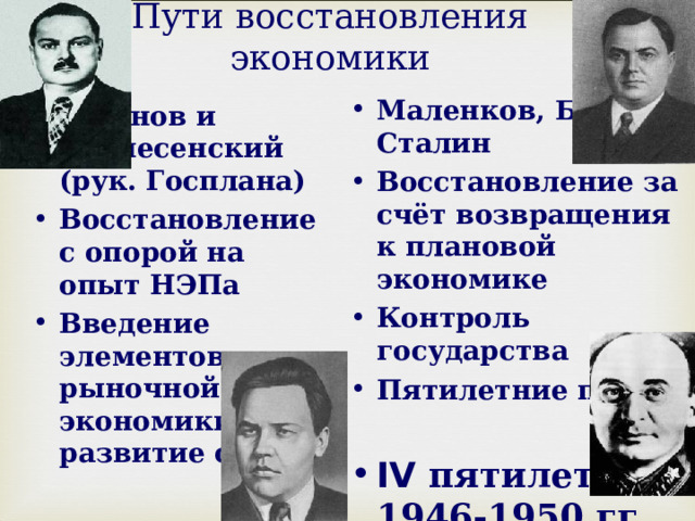 Пути восстановления экономики Маленков, Берия, Сталин Восстановление за счёт возвращения к плановой экономике Контроль государства Пятилетние планы  IV пятилетка – 1946-1950  гг . Жданов и Вознесенский (рук. Госплана) Восстановление с опорой на опыт НЭПа Введение элементов рыночной экономики, развитие с/х 