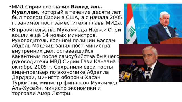 МИД Сирии возглавил Валид аль-Муаллем, который в течение десяти лет был послом Сирии в США, а с начала 2005 г. занимал пост заместителя главы МИДа. В правительство Мухаммеда Наджи Отри вошли ещё 14 новых министров. Руководитель военной полиции Бассам Абдель Маджид занял пост министра внутренних дел, остававшийся вакантным после самоубийства бывшего руководителя МВД Сирии Гази Канаана в октябре 2005 г. Сохранили свои посты вице-премьер по экономике Абдалла Дардари, министр обороны Хасан Туркмани, министр финансов Мухаммед  Аль-Хусейн, министр экономики и торговли Амер Лютфи.   