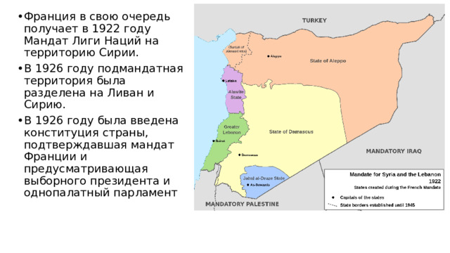Франция в свою очередь получает в 1922 году Мандат Лиги Наций на территорию Сирии. В 1926 году подмандатная территория была разделена на Ливан и Сирию. В 1926 году была введена конституция страны, подтверждавшая мандат Франции и предусматривающая выборного президента и однопалатный парламент  