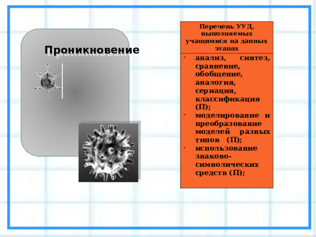 Перечень УУД, выполняемых учащимися на данных этапах анализ, синтез, сравнение, обобщение, аналогия, сериация, классификация (П); моделирование и преобразование моделей разных типов (П); использование знаково-символических средств (П);  Проникновение 