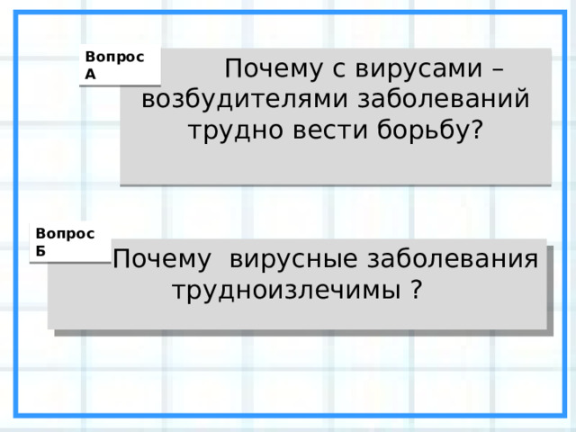 Вопрос А  Почему с вирусами – возбудителями заболеваний трудно вести борьбу? Вопрос Б  Почему вирусные заболевания трудноизлечимы ? 