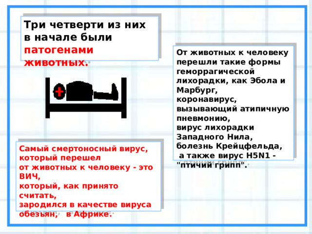 Три четверти из них в начале были патогенами животных.   От животных к человеку перешли такие формы геморрагической лихорадки, как Эбола и Марбург, коронавирус, вызывающий атипичную пневмонию, вирус лихорадки Западного Нила, болезнь Крейцфельда,  а также вирус H5N1 - 