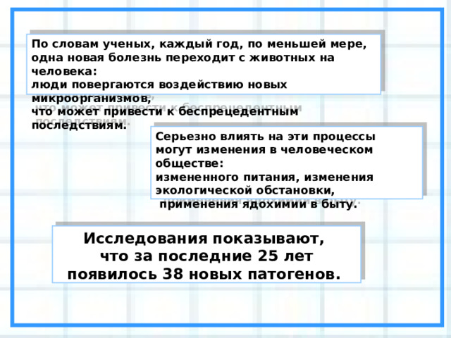 По словам ученых, каждый год, по меньшей мере, одна новая болезнь переходит с животных на человека: люди повергаются воздействию новых микроорганизмов, что может привести к беспрецедентным последствиям. Серьезно влиять на эти процессы могут изменения в человеческом обществе: измененного питания, изменения экологической обстановки,  применения ядохимии в быту. Исследования показывают, что за последние 25 лет появилось 38 новых патогенов. 