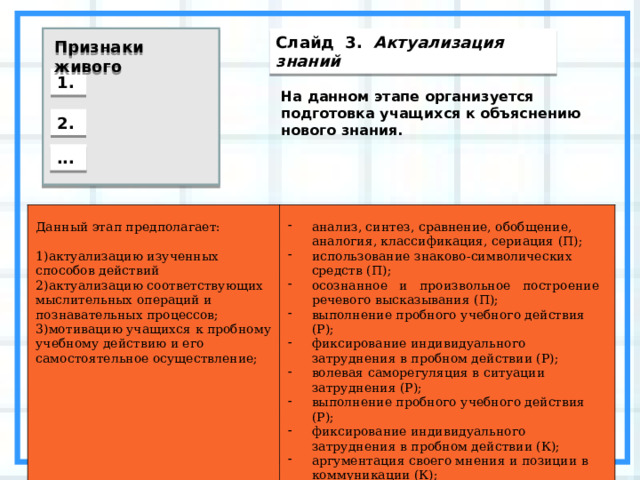 Слайд 3. Актуализация знаний Признаки живого 1. На данном этапе организуется подготовка учащихся к объяснению нового знания. 2. ... Данный этап предполагает: анализ, синтез, сравнение, обобщение, аналогия, классификация, сериация (П); использование знаково-символических средств (П); осознанное и произвольное построение речевого высказывания (П); выполнение пробного учебного действия (Р); фиксирование индивидуального затруднения в пробном действии (Р); волевая саморегуляция в ситуации затруднения (Р); выполнение пробного учебного действия (Р); фиксирование индивидуального затруднения в пробном действии (К); аргументация своего мнения и позиции в коммуникации (К); учет разных мнений (К); актуализацию изученных способов действий актуализацию соответствующих мыслительных операций и познавательных процессов; мотивацию учащихся к пробному учебному действию и его самостоятельное осуществление; 