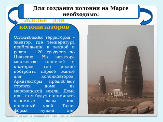 Для создания колонии на Марсе необходимо: Жилье  для колонизаторов Оптимальная территория – экватор, где температура приближенна к земной и равна +20 градусов по Цельсию. На экваторе множество тоннелей и кратеров, где можно построить первое жилье для колонизаторов. Архитекторы предлагают строить дома из марсианской земли. Дома при этом будут напоминать огромные вазы или пчелиный улей. Такая форма нужна для смягчения атмосферного давления Марса.    