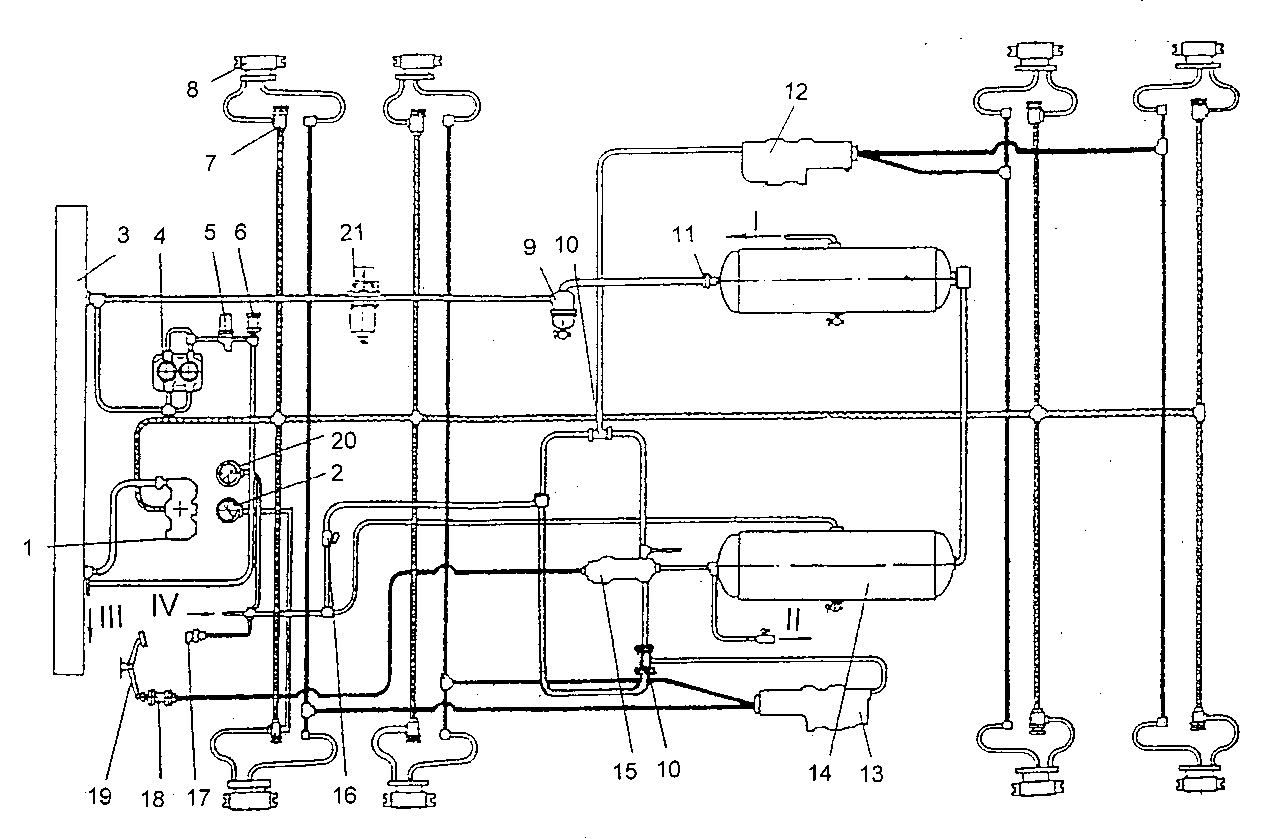 Воздушная система полуприцепа. Схема воздушной системы Мерседес 814. Тормозная система погрузчика ЗТМ 216 схема. Схема пневматики полуприцепа. Пневматическая система тгм6д.