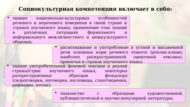 Социокультурная компетенция включает в себя: знание национально-культурных особенностей речевого и неречевого поведения в своей стране и странах изучаемого языка; применение этих знаний в различных ситуациях формального и неформального межличностного и межкультурного общения; распознавание и употребление в устной и письменной речи основных норм речевого этикета (реплик-клише, наиболее распространенной оценочной лексики), принятых в странах изучаемого языка; знание употребительной фоновой лексики и реалий страны/стран изучаемого языка, некоторых распространенных образцов фольклора (скороговорки, поговорки, пословицы, стихотворения, рифмовки, песни); знакомство с образцами художественной, публицистической и научно-популярной литературы; 