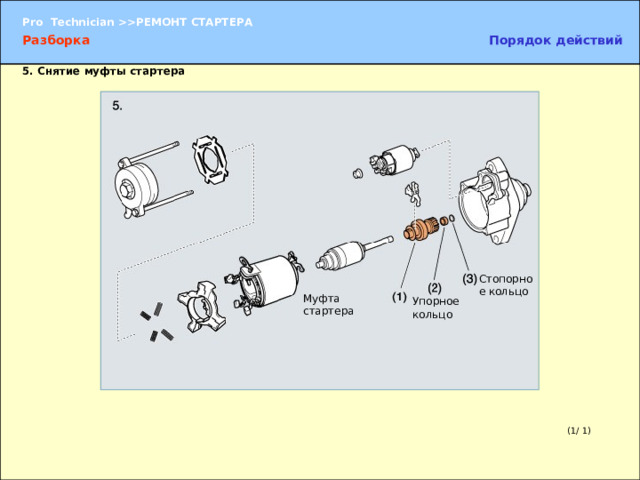 Разборка Порядок действий 5. Снятие муфты стартера Стопорное кольцо Муфта стартера Упорное кольцо 5. Снятие муфты стартера  (1) Муфта стартера (2) Упорное кольцо (3) Стопорное кольцо (1/ 1) 