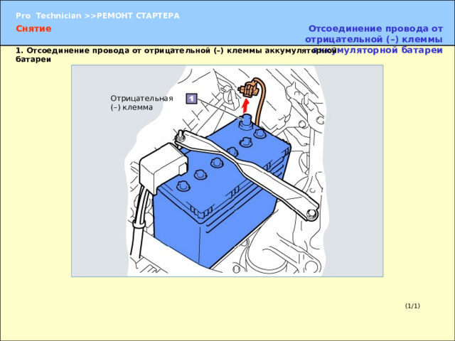 Снятие Отсоединение провода от отрицательной (–) клеммы аккумуляторной батареи 1.  Отсоединение провода от отрицательной (–) клеммы аккумуляторной батареи Отрицательная (–) клемма 1.  Отсоединение провода от отрицательной (–) клеммы аккумуляторной батареи Перед тем как отсоединить провод от отрицательной (–) клеммы аккумуляторной батареи, запишите информацию, содержащуюся в памяти ЭБУ и других электронных приборов и систем, на внешний носитель.  Диагностические коды неисправностей (DTC — Diagnostic Trouble Code)  Настройка радиостанций  Положение сиденья (для сидений с системой запоминания положения)  Положение рулевого колеса (для систем рулевого управления с системой запоминания положения)  и т. д. (1/1) 