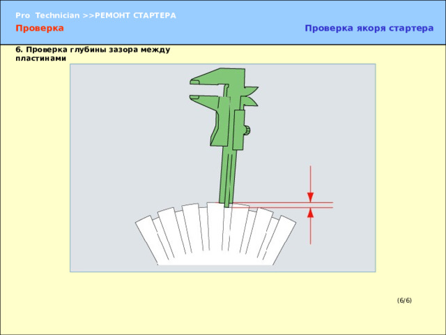 Проверка Проверка якоря стартера 6.  Проверка глубины зазора между пластинами 6.  Проверка глубины зазора между пластинами  С помощью нутромера штангенциркуля измерьте глубину зазора между пластинами коллектора. (6/6) 