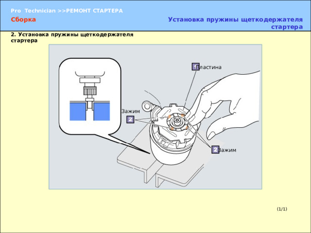 Установка пружины щеткодержателя стартера Сборка 2.  Установка пружины щеткодержателя стартера Пластина Зажим Зажим (5) Установите пластину. Введите в зацепление зажимы пластины, нажав на них пальцем. (1/1) 
