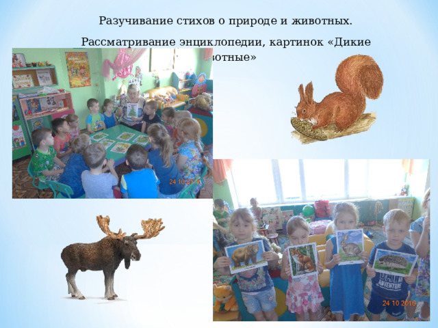 Разучивание стихов о природе и животных. Рассматривание энциклопедии, картинок «Дикие животные» 
