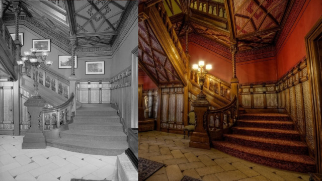 Restoration and preservation at the Mark Twain House helped bring the house and grounds back to the years between 1881 and 1891, when the Clemenses most loved the house. The marble floor in the front hallway underwent a historic restoration, and specialists re-stenciled and painted the walls and ceilings and refinishing the woodwork to recover the Tiffany-decorated interiorsThe home today contains 50,000 artifacts: manuscripts, historic photographs, family furnishings, and Tiffany glass. Many of the original furnishings, including Clemens's ornate Venetian bed, an intricately carved mantel from a Scottish castle, and a billiard table, remain at the house 