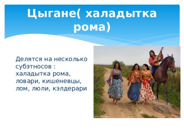 Цыгане( халадытка рома) Делятся на несколько субэтносов : халадытка рома, ловари, кишеневцы, лом, люли, кэлдерари 