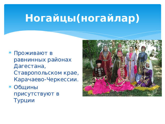 Ногайцы(ногайлар) Проживают в равнинных районах Дагестана, Ставропольском крае, Карачаево-Черкессии. Общины присутствуют в Турции 