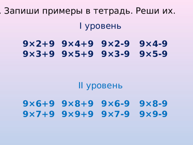3. Запиши примеры в тетрадь. Реши их. I уровень 9×4-9 9×2+9 9×4+9 9×2-9 9×3+9 9×5+9 9×5-9 9×3-9 II уровень 9×6+9 9×8+9 9×6-9 9×8-9 9×7+9 9×9+9 9×7-9 9×9-9 