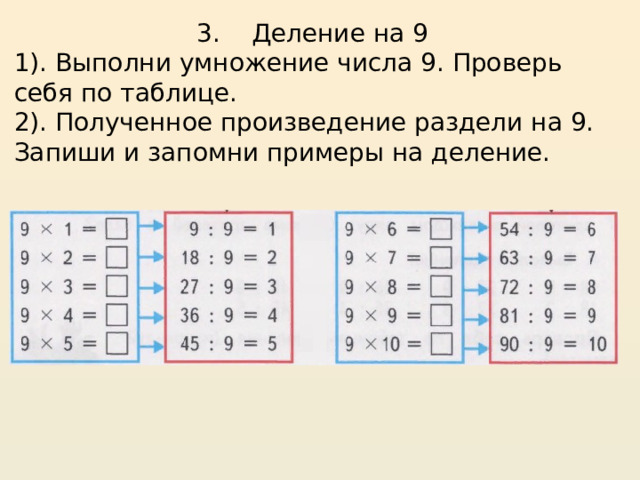 3. Деление на 9 1). Выполни умножение числа 9. Проверь себя по таблице. 2). Полученное произведение раздели на 9. Запиши и запомни примеры на деление. 