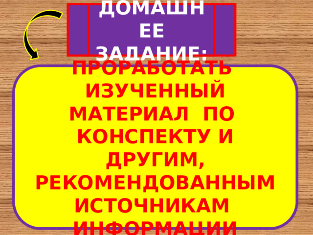 ДОМАШНЕЕ ЗАДАНИЕ: ПРОРАБОТАТЬ ИЗУЧЕННЫЙ МАТЕРИАЛ ПО КОНСПЕКТУ И ДРУГИМ, РЕКОМЕНДОВАННЫМ ИСТОЧНИКАМ ИНФОРМАЦИИ 