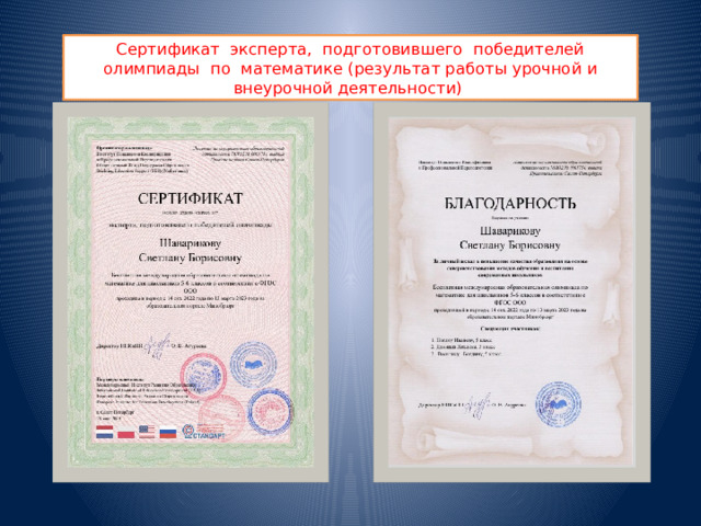 Сертификат эксперта, подготовившего победителей олимпиады по математике (результат работы урочной и внеурочной деятельности) 