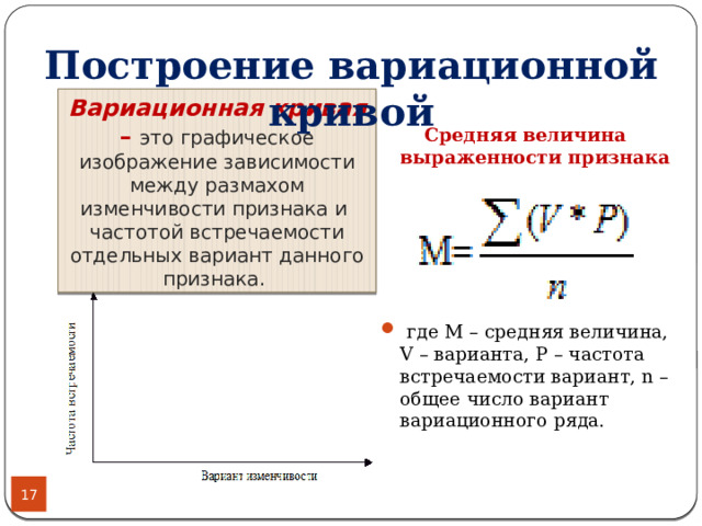 Построение вариационной кривой Вариационная кривая – это графическое изображение зависимости между размахом изменчивости признака и частотой встречаемости отдельных вариант данного признака. Средняя величина выраженности признака  где М – средняя величина, V – варианта, P – частота встречаемости вариант, n – общее число вариант вариационного ряда.  